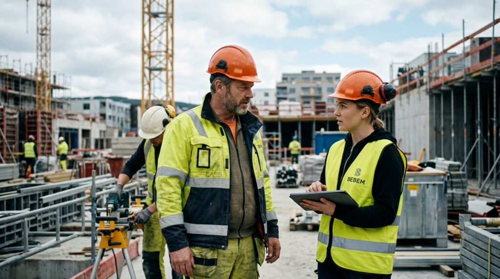 Byggeplass med arbeidere i verneutstyr i dialog, som illustrerer bruk av bemanning og vikar for fleksibel arbeidskraft i bygg- og anleggsbransjen.